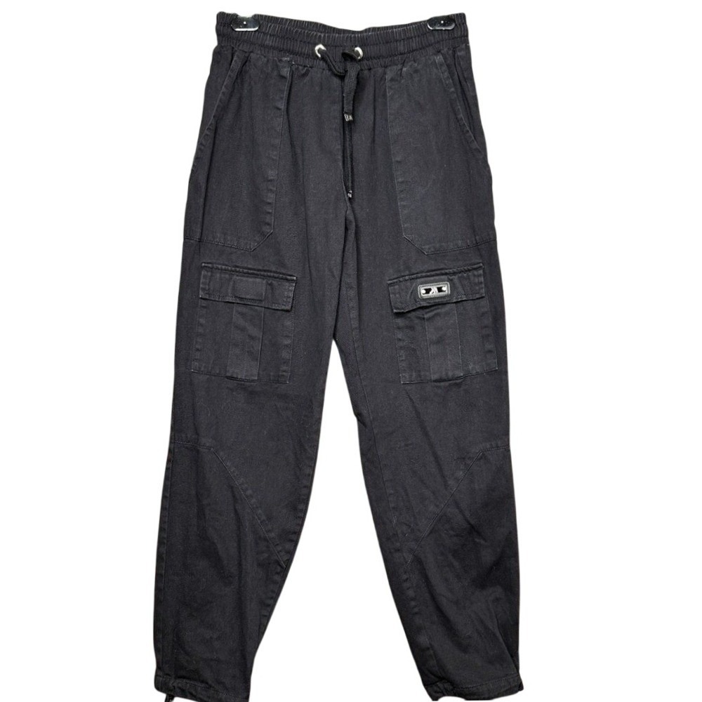 JK Attire Mens Black Cargo Pants Medium Streetwear Utility Joggers Drawstring